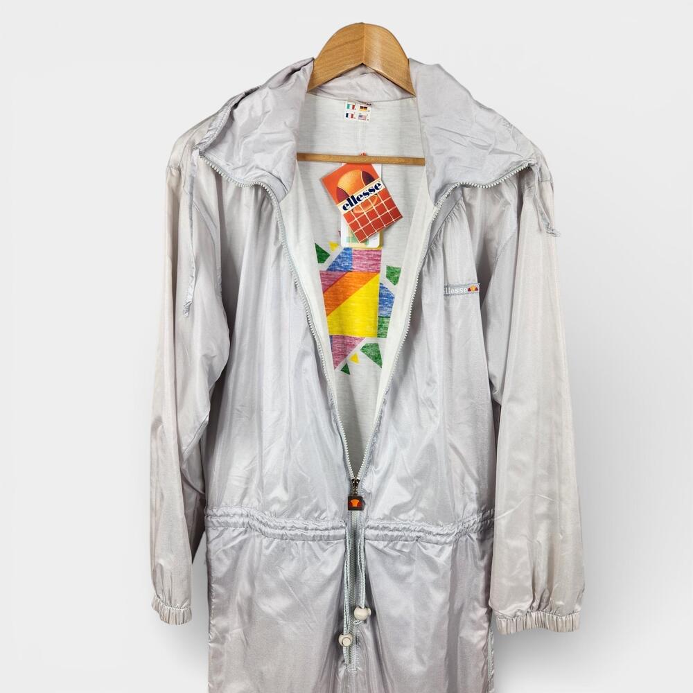 Vintage Ellesse Jumpsuit Womens 6W Silver Nylon Tennis Windbreaker Retro Italy